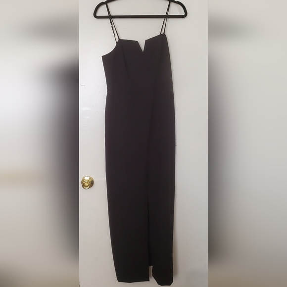 H Halston Women's V-Notch Front Slit Spaghetti Strap Black Long Dress. - Picture 2 of 12